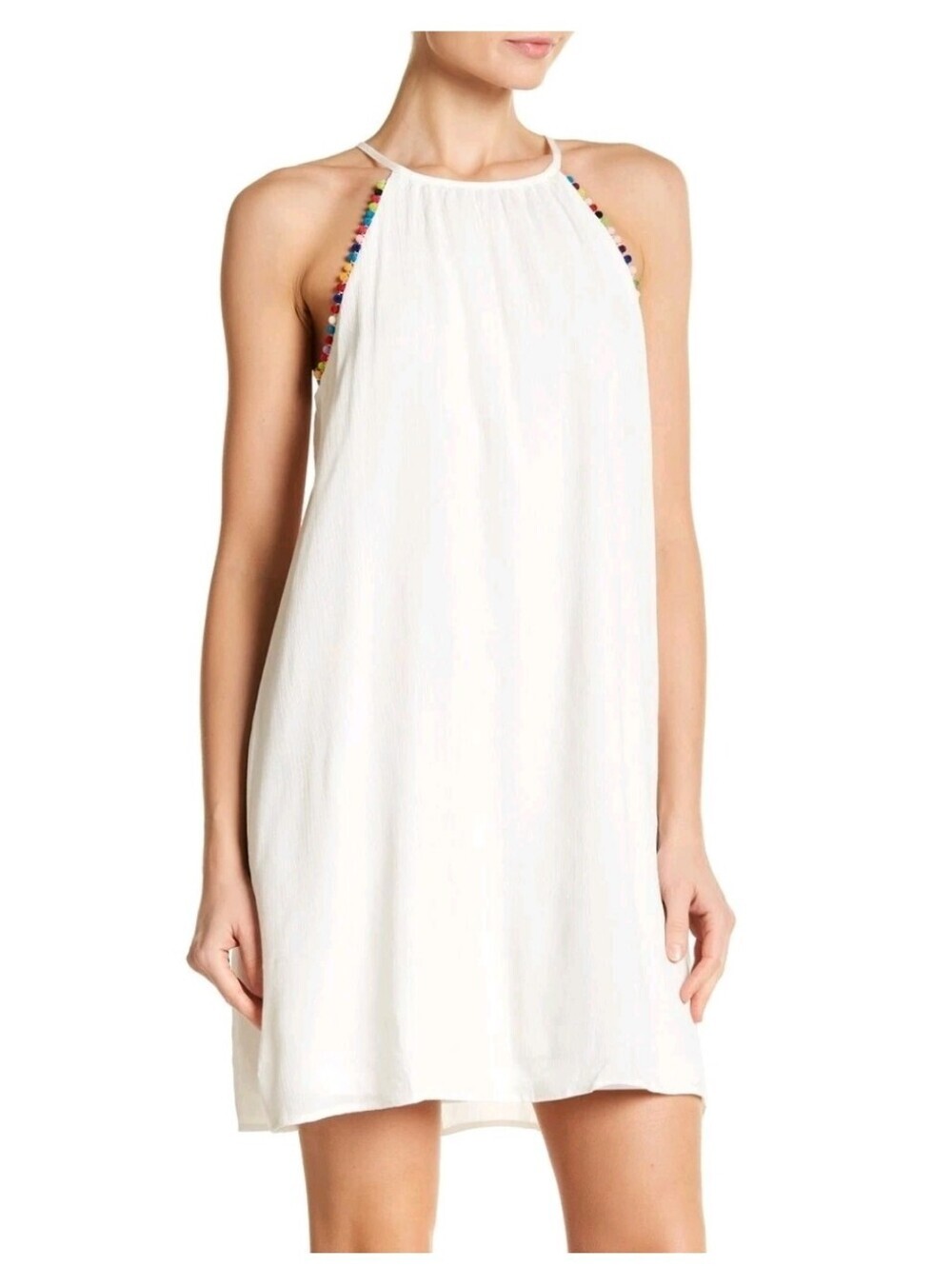 The Vanity Room Bead & Pompom Trim Sleeveless Mini Dress Resort Beach Vacation M